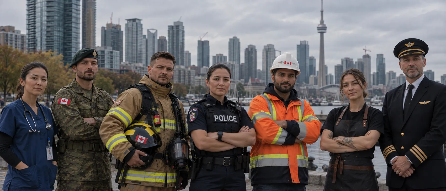 Police officer, soldier, firefighter and other professionals on the Toronto waterfront